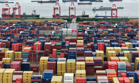 Containers in de haven van Nanjing, in de oostelijke Chinese provincie Jiangsu, op 12 augustus 2025. AFP via Getty Images.