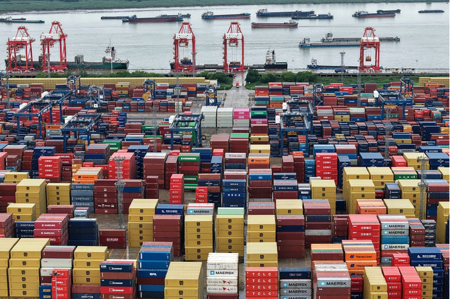 Containers in de haven van Nanjing, in de oostelijke Chinese provincie Jiangsu, op 12 augustus 2025. AFP via Getty Images.