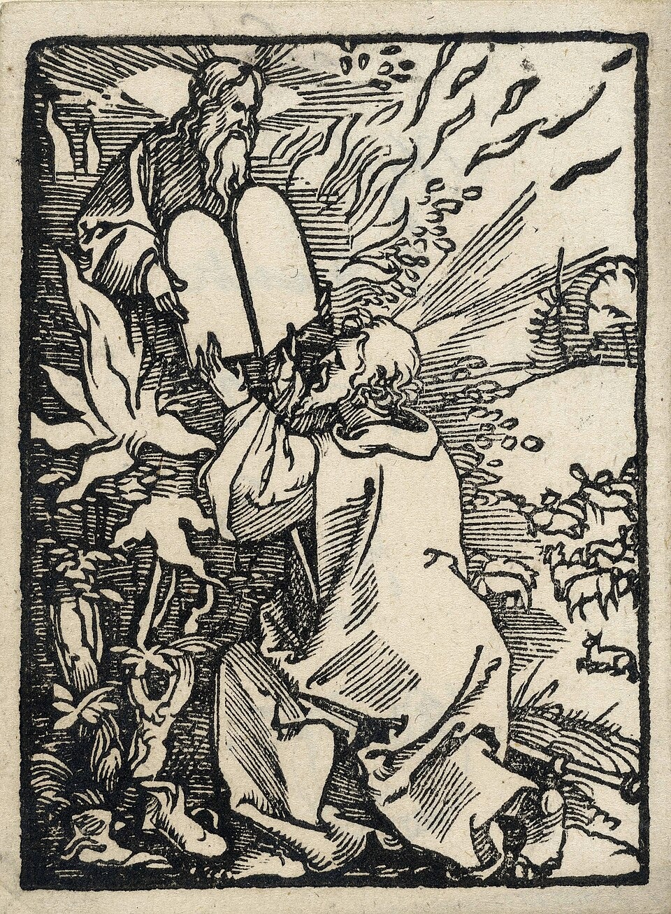 Een houtsnede uit 1527 van Hans Sebold Beham toont Mozes die de tien geboden ontvangt uit het gebedenboek van Maarten Luther. Publiek domein