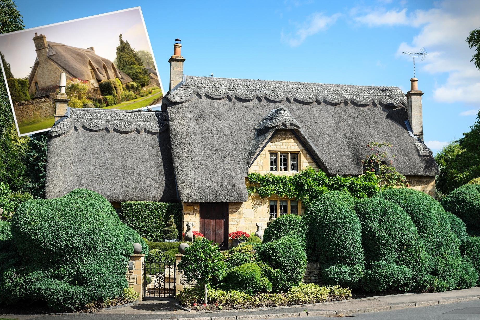 Een rietgedekte cottage in Chipping Campden, in de Cotswolds in Gloucestershire, Engeland. (Shutterstock/Anna Hadjimitsi); (Inzet) Een sprookjesachtig huis in de Cotswolds. Shutterstock/Andrew Roland